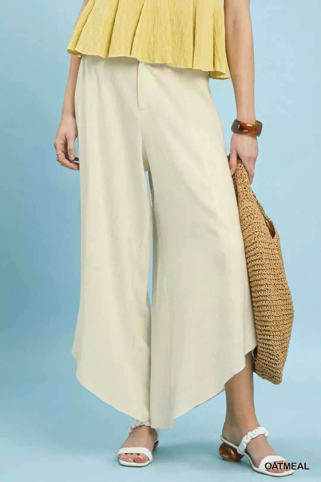 Oatmeal Umgee Flowy Asymmetrical Hem Wide Leg Pants 1