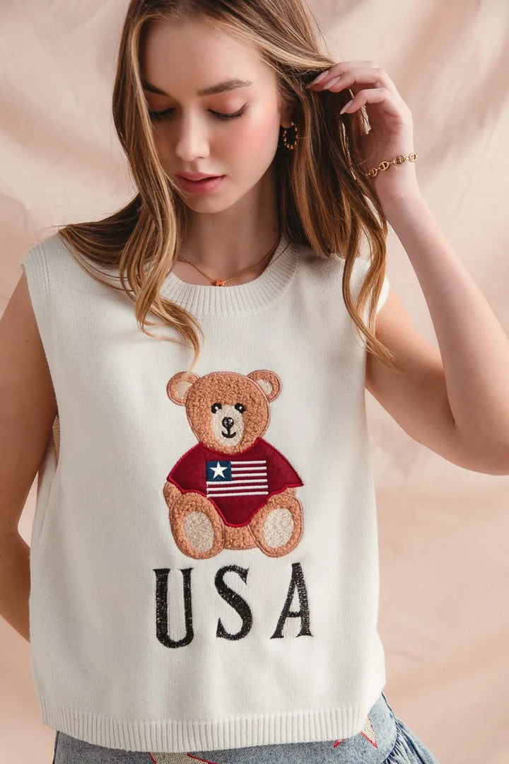 Ivory So Me Teddy Bear Wearing An American Flag With Usa Embroidered Sweater Vest