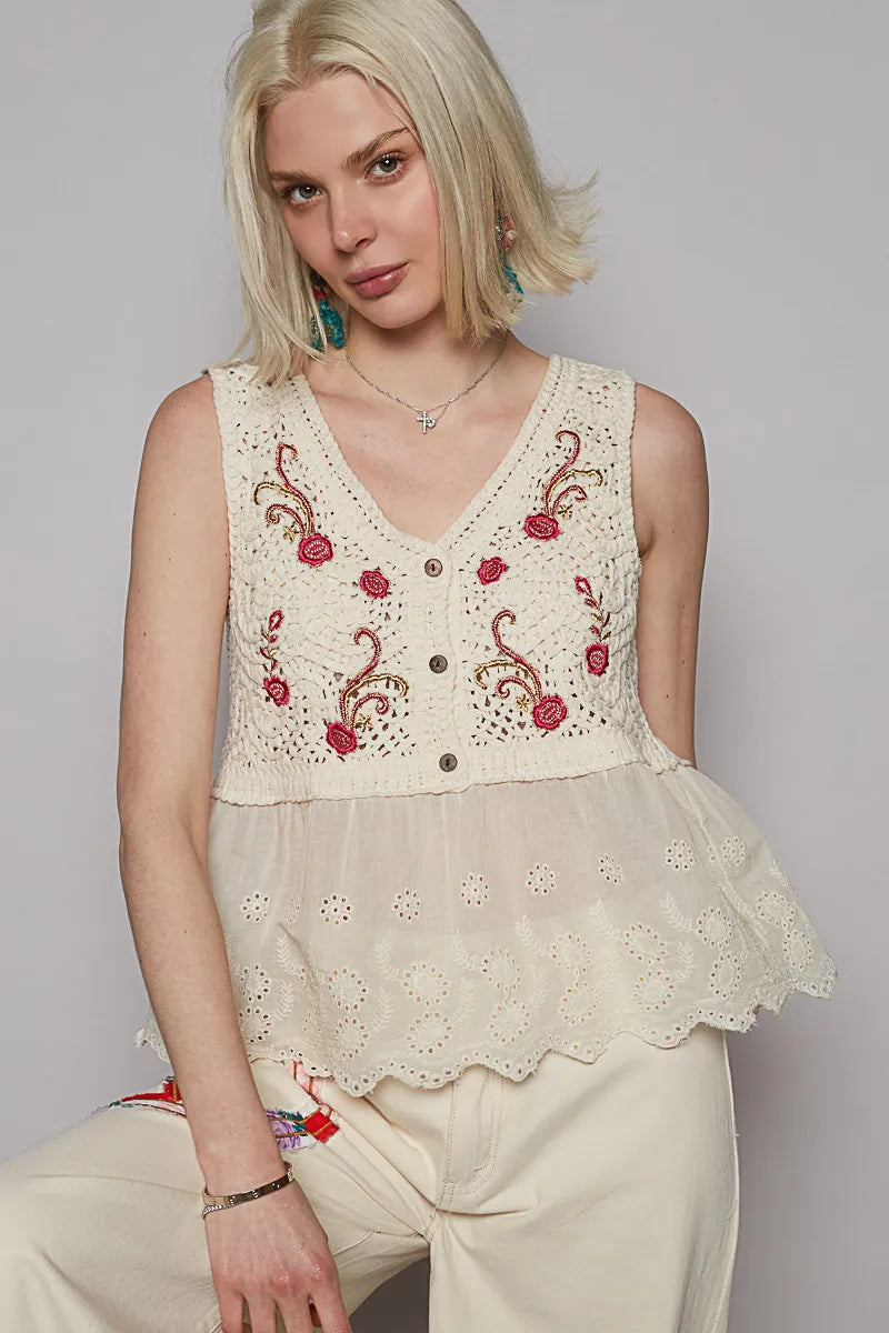 Cream Pol Embroidered Detail V Neck Eyelet Peplum Tank