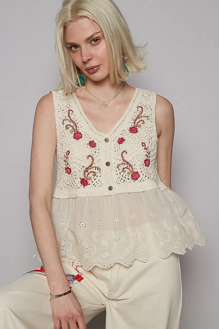 Cream Pol Embroidered Detail V Neck Eyelet Peplum Tank