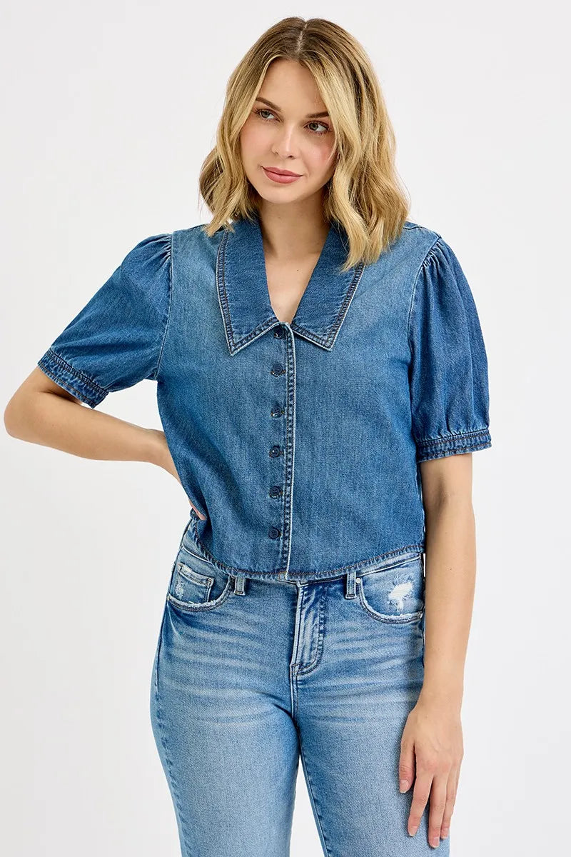 Medium Risen Button Down Puff Sleeve Crop Denim Shirt
