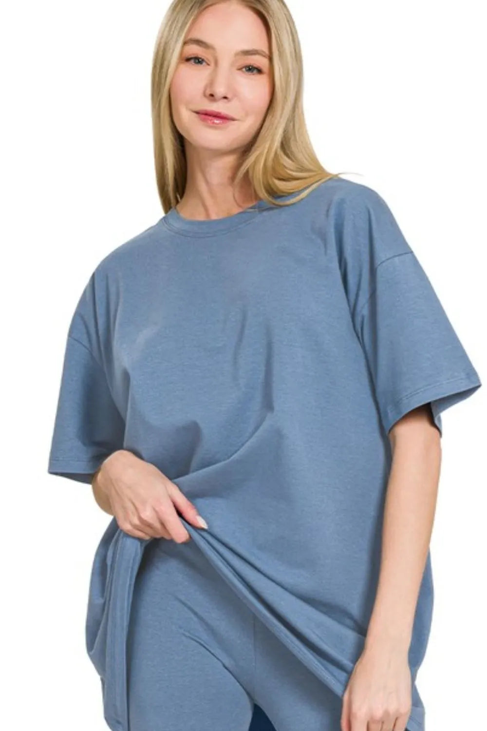 Dusty Blue Zenana Cotton Round Neck Top Biker Shorts 5