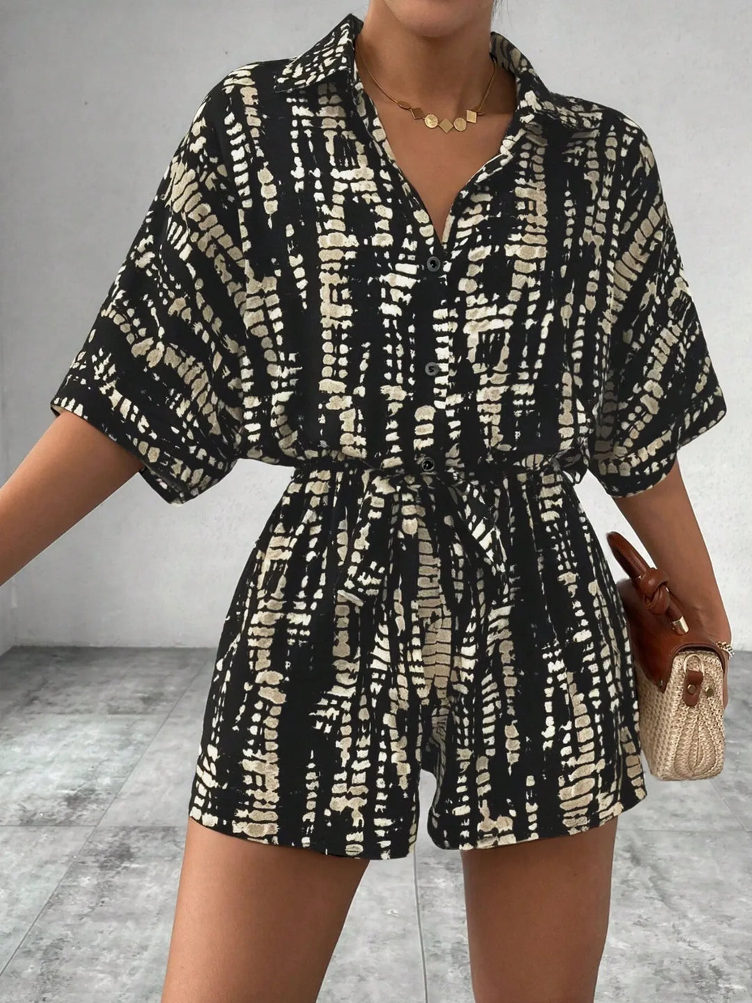 Black Tie Dye Print Collar Neck Short Sleeve Romper
