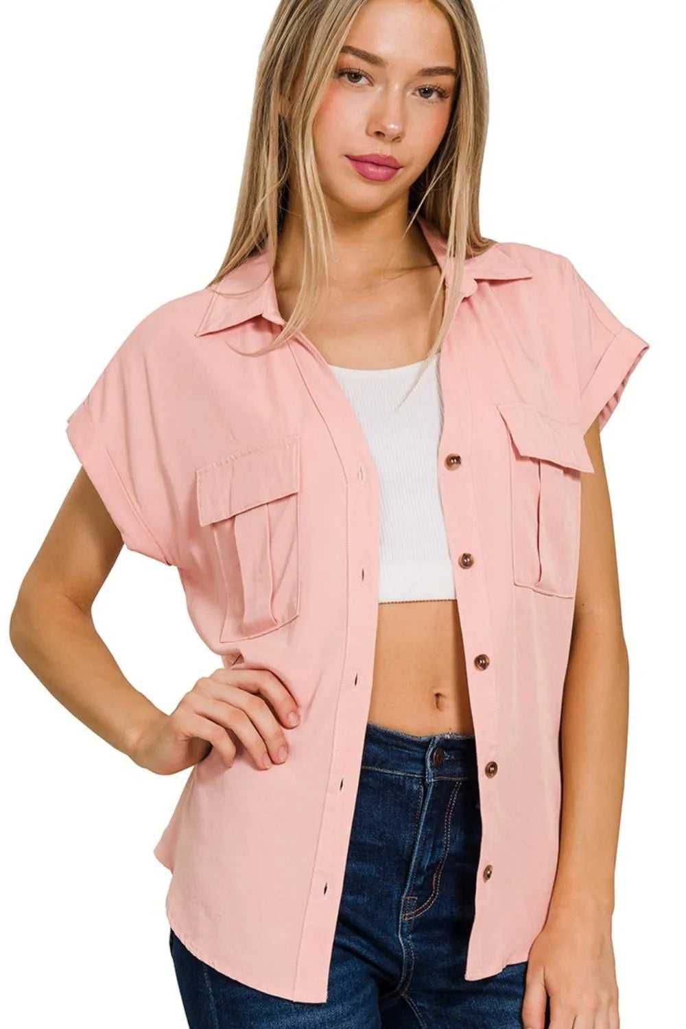 Lt Rose Zenana Tencel V Neck Collared Top W Front Flap Pockets