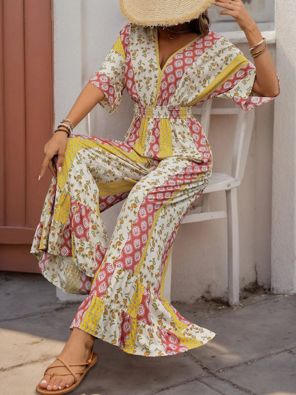 Multicolor Perfee Ruffled Hem Printed V Neck Jumpsuit