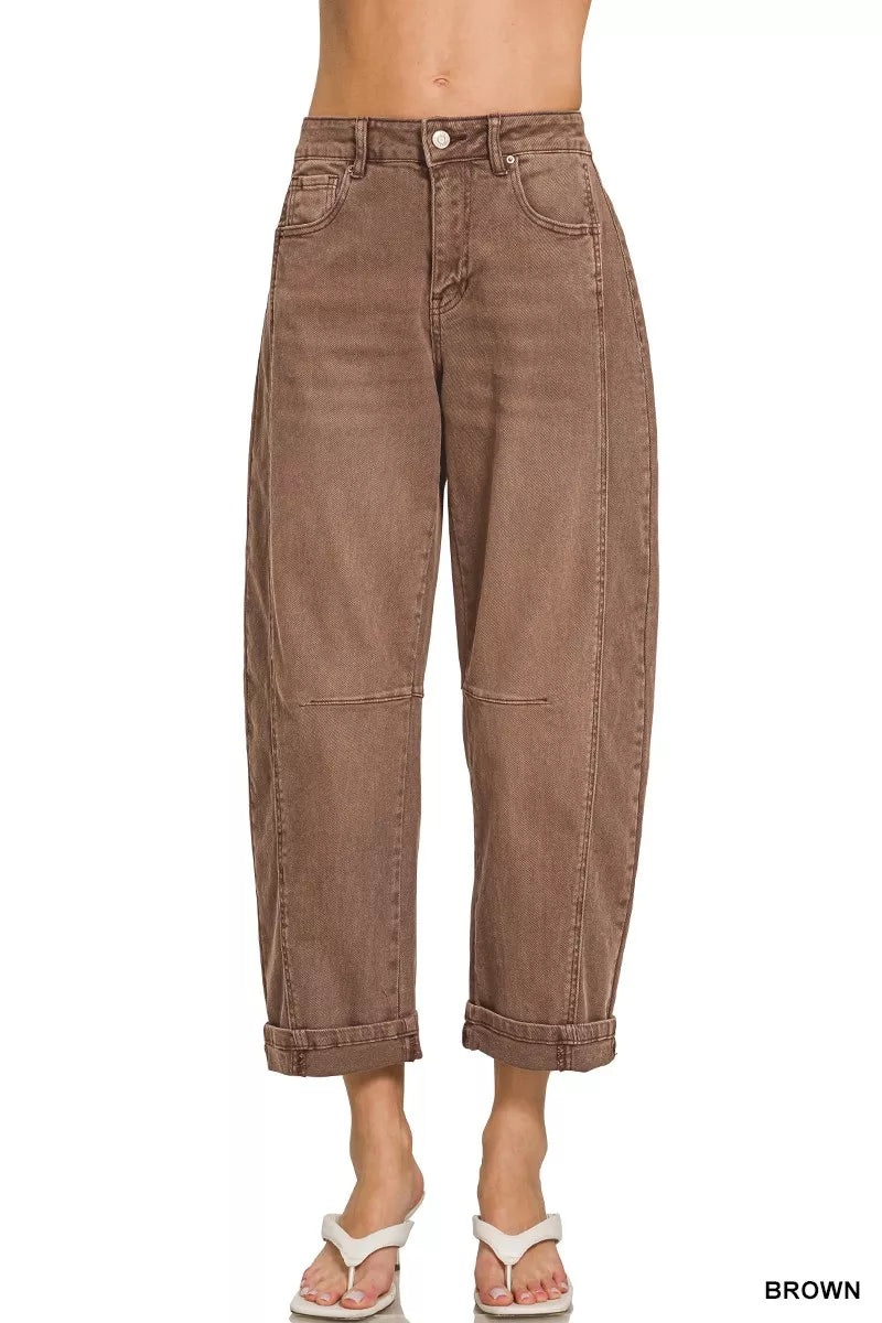 Brown Zenana High Rise Barrel Leg Cropped Jeans 1