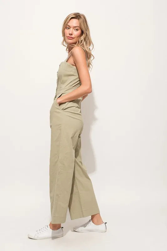 Sage And The Why Square Neck Button Down Cropped Wide Leg Jumpsuit