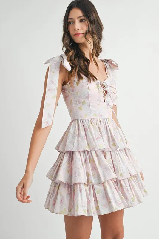 Pink Mable Floral Print Shoulder Tie Layered Mini Dress 1