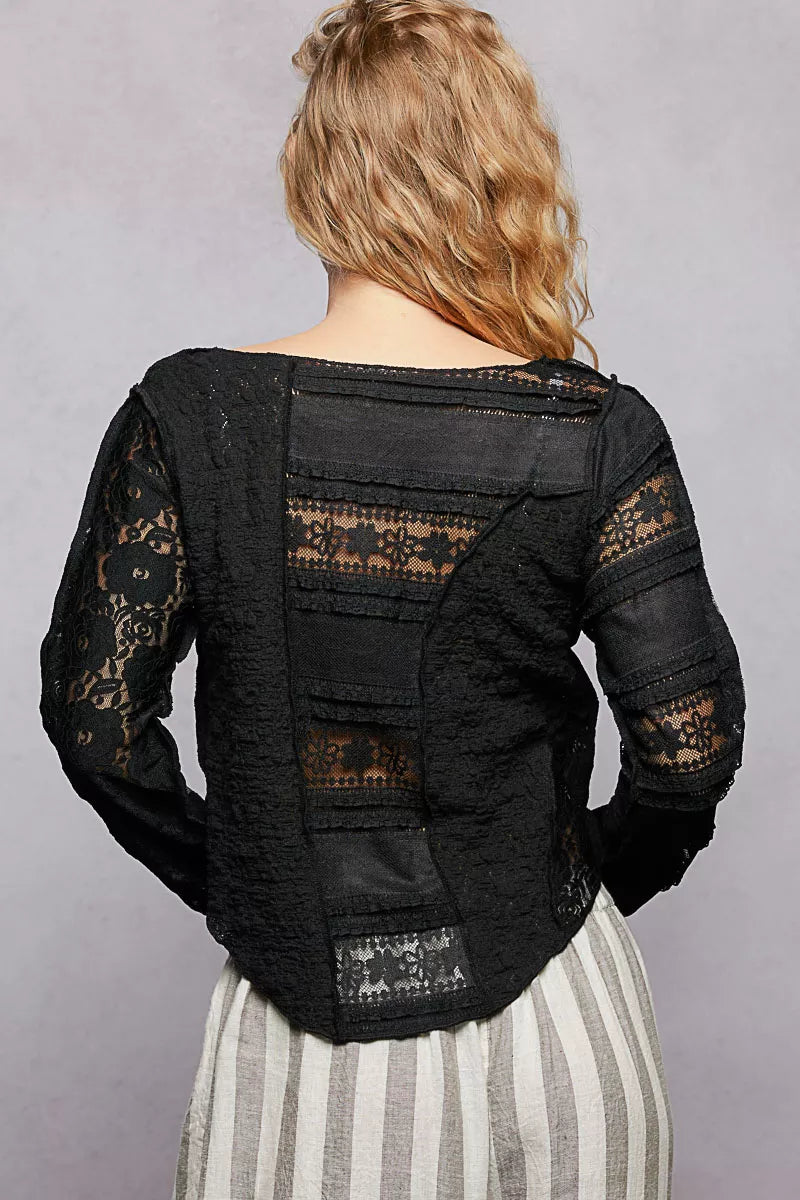 Pol Round Neck Long Sleeve Exposed Seam Top With Lace Detail 3