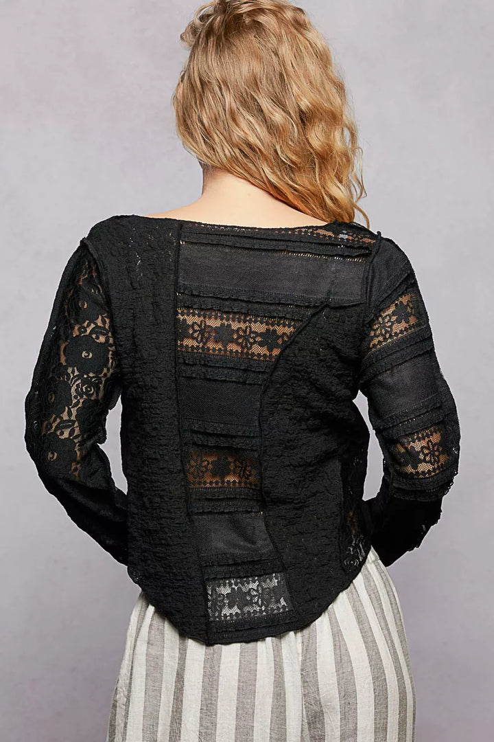 Pol Round Neck Long Sleeve Exposed Seam Top With Lace Detail 3