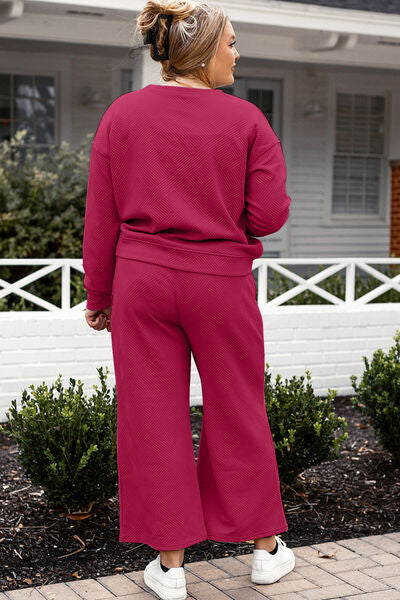 Black Double Take Full Size Textured Long Sleeve Top And Drawstring Pants Set
