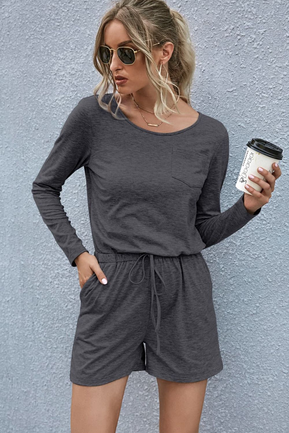 Dark Gray Drawstring Waist Long Sleeve Romper