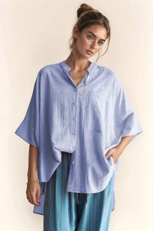 Blue Davi Dani Rhinestone Pleat Back Short Sleeve Loose Fit Shirt