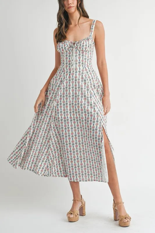 Mable Floral Print Bustier Back Lace Up Midi Dress 1