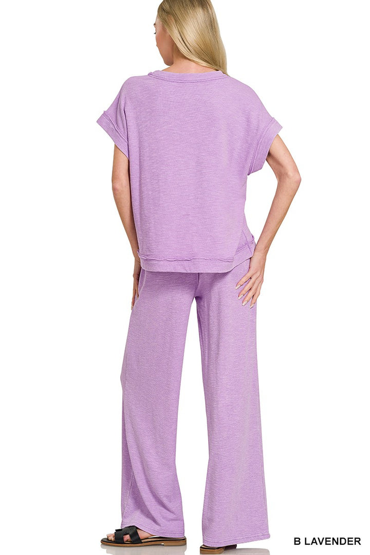 B Lavender Zenana Washed Slub Short Sleeve Tee Long Pants Set 4