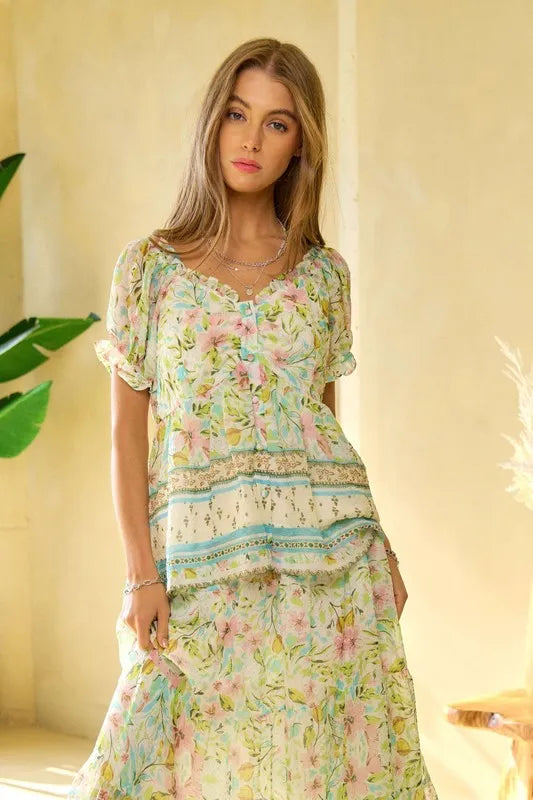 Mint Green Davi Dani Spring Floral Border Print Ruffled Textured Top