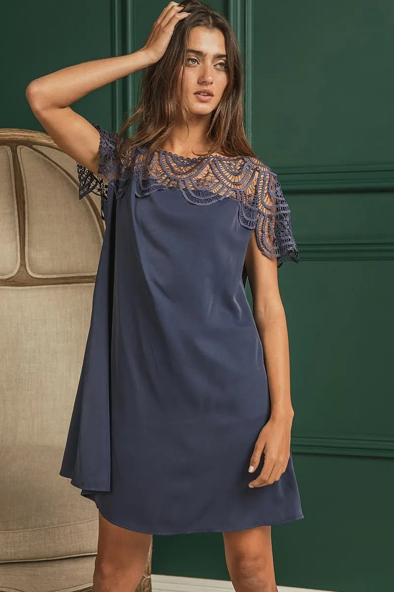 Deep Navy Bibi Crochet Lace Yoke Detailed Wrinkled Dress 2