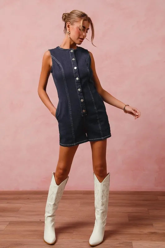 Denim So Me Button Up Front Washed Denim Sleeveless Romper