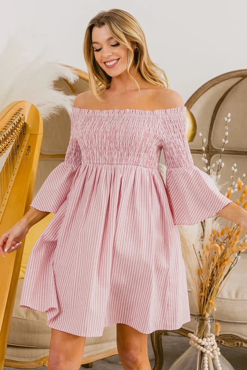 Blush Bibi Smocked Off Shoulder Striped Dress