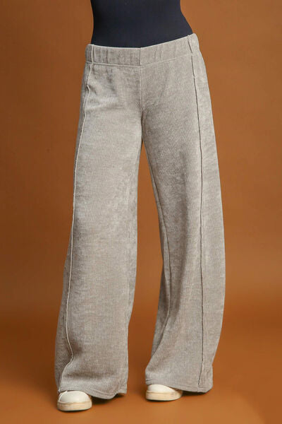 Light Gray Umgee Elastic Waist Wide Leg Pants 1