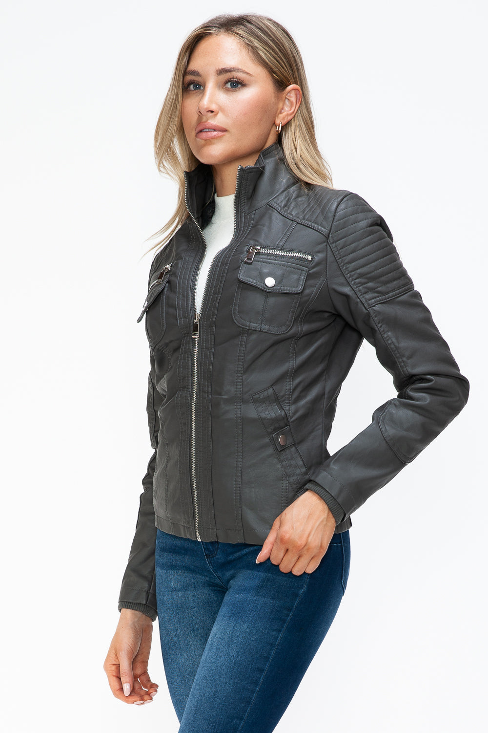 Ymi Removable Faux Layered Multi Pocket Jacket With Fuzzy Hood 1