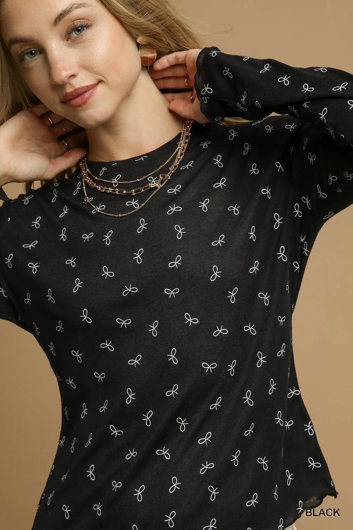 Black Umgee Bow Print Lightweight Knit Top 2