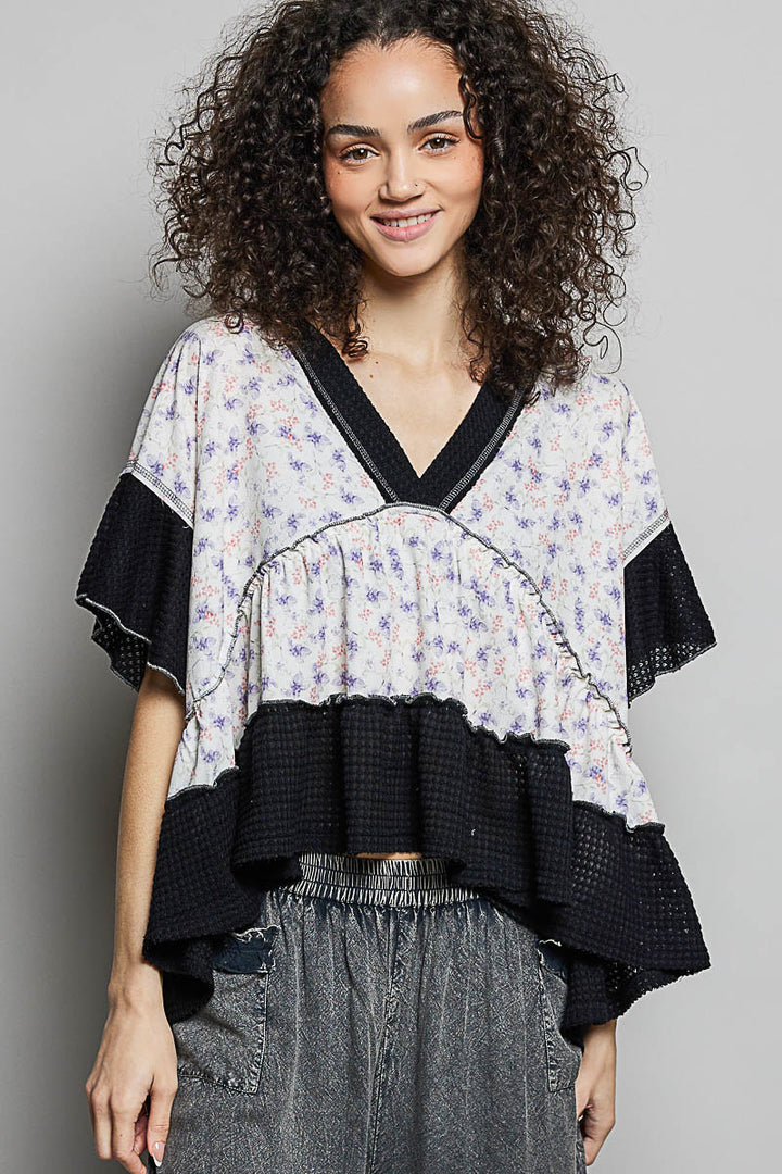Black Pol Floral Print V Neck Woven Blouse With Gentle Gathers 1