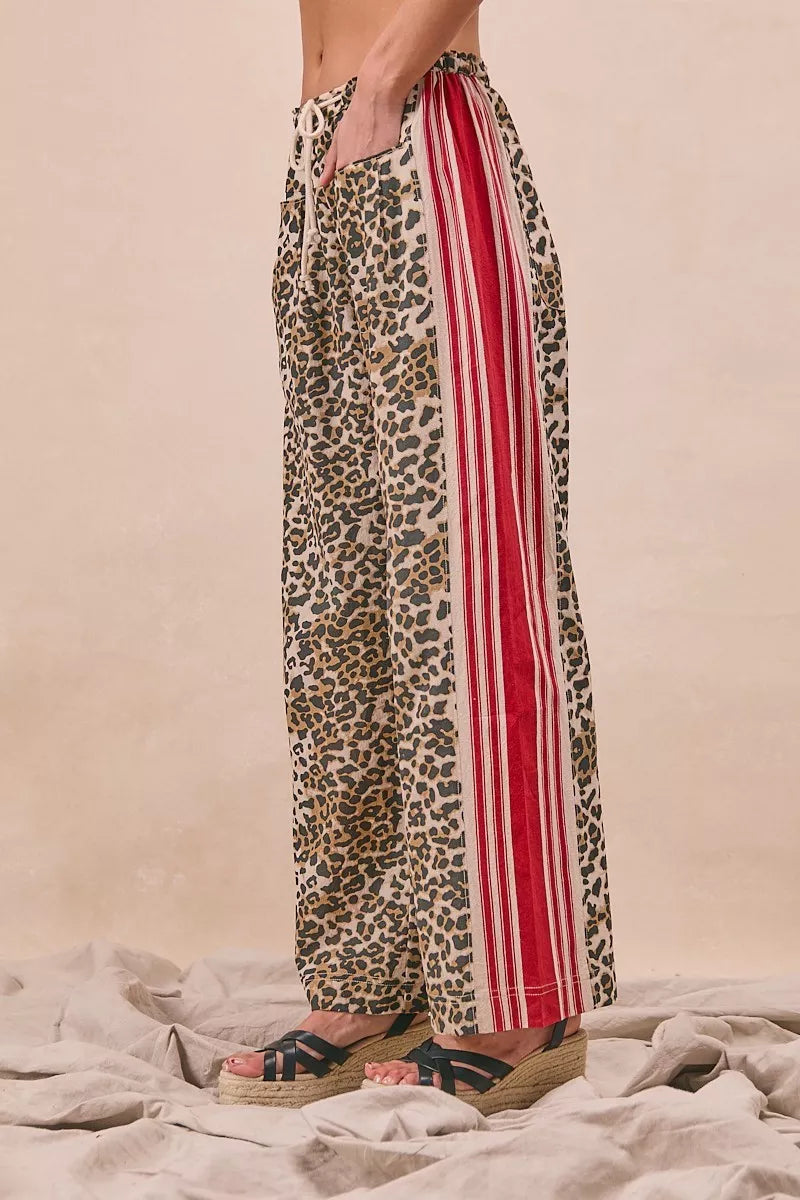 Leopard/Crimson Bibi Leopard Print Pants With Side Contrast And Tucking Welt Pocke