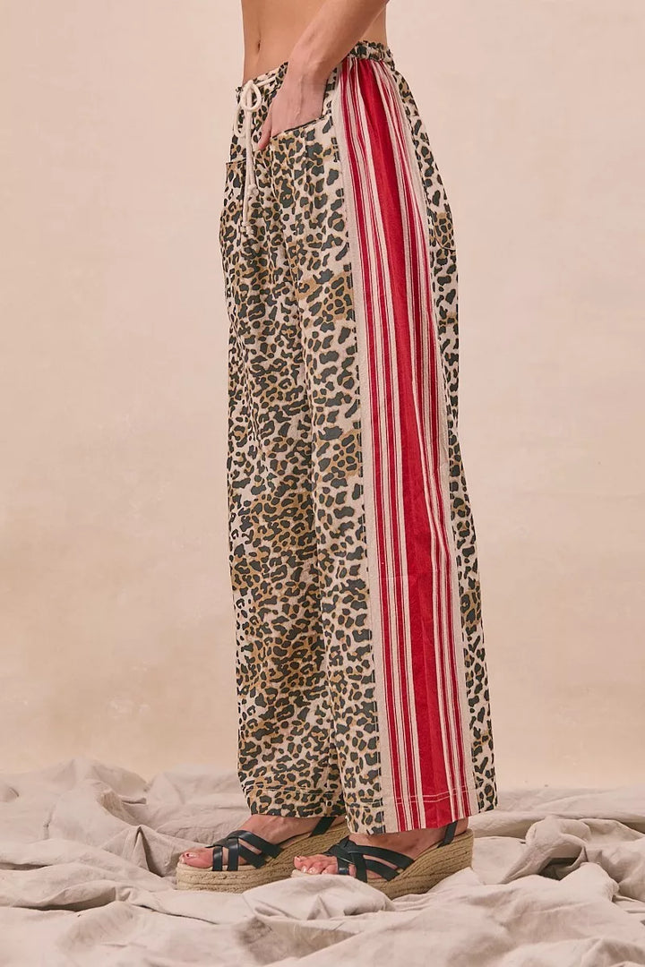 Leopard/Crimson Bibi Leopard Print Pants With Side Contrast And Tucking Welt Pocke