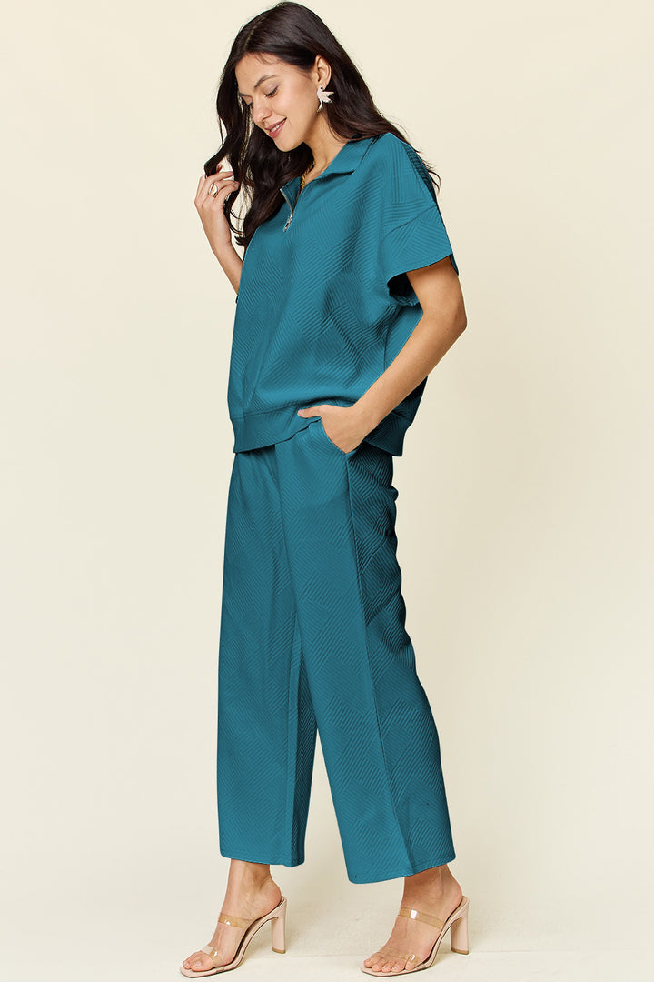 Mist Green Double Take Full Size Texture Half Zip Short Sleeve Top And Pants Set