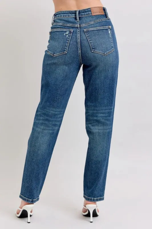 Dark Judy Blue Full Size High Waisted Rigid Magic Non Destroy Straight Leg Jeans Plus Size