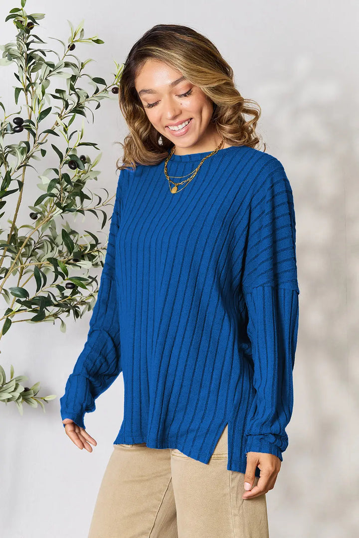 Blue Basic Bae Full Size Ribbed Round Neck Slit Knit Top