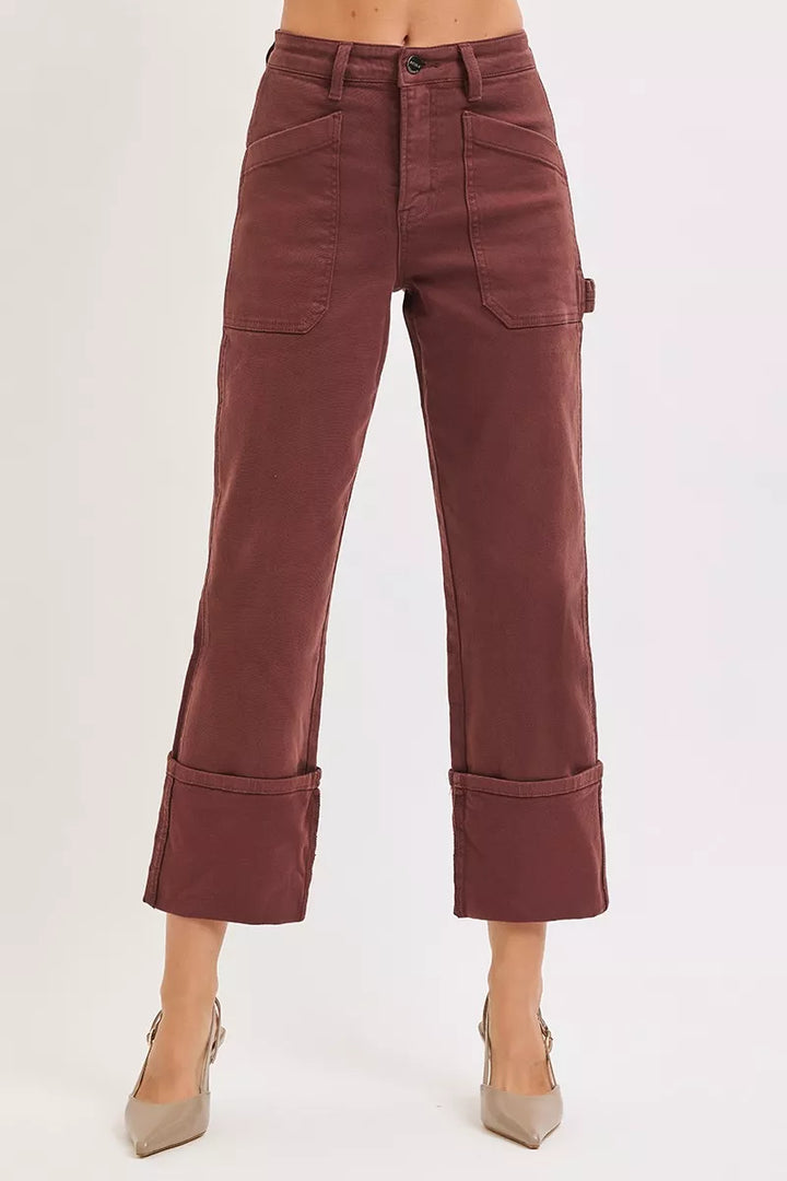 Choco Brown Risen Full Size High Rise Wide Straight Cuffed Patch Jeans Plus Size
