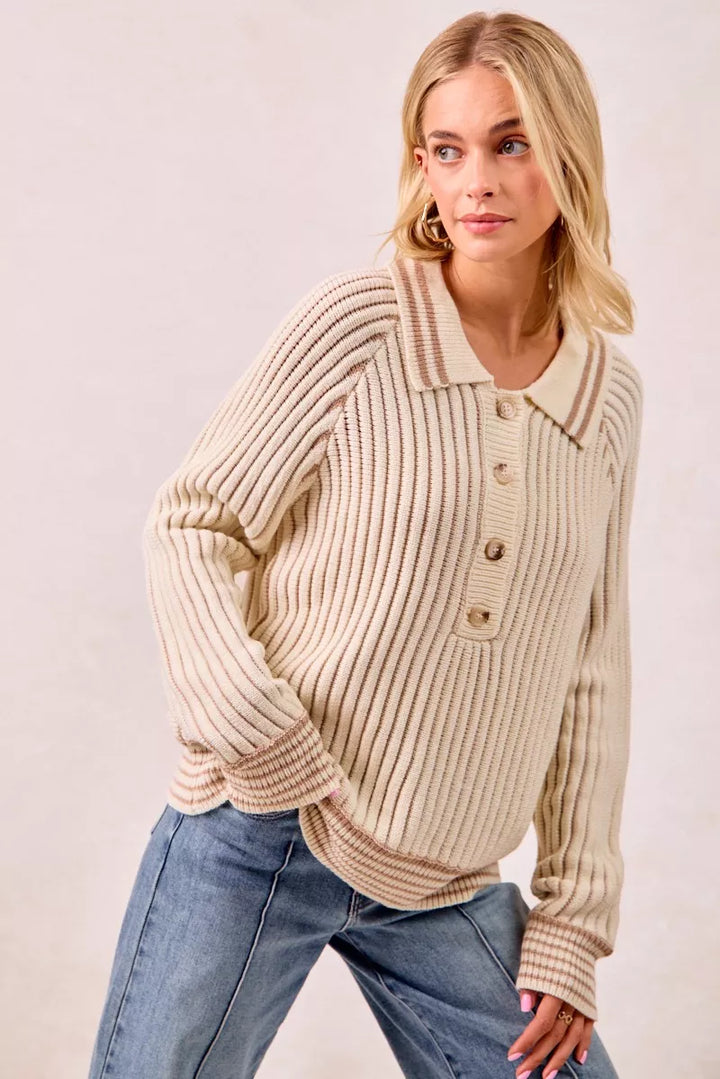 Cream/Latte Bibi Half Button Ribbed Two Tone Sweater