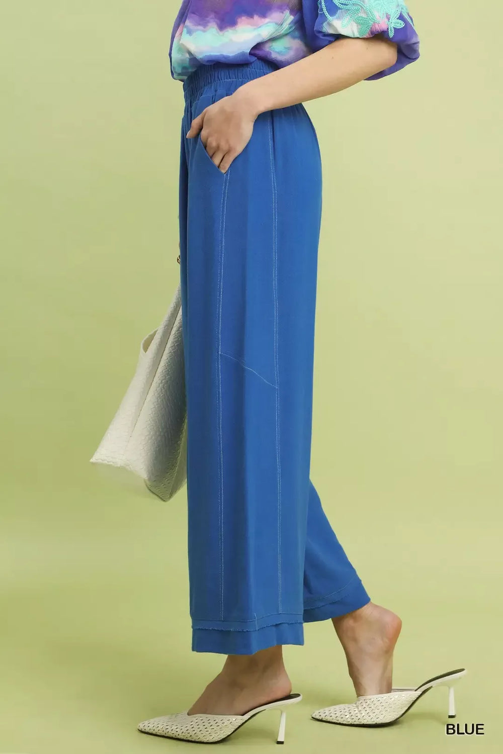 Blue Umgee Linen Elastic Waist Wide Leg Pants