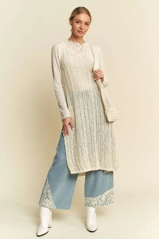 Beige Davi Dani Knit Side Slit Round Neck Sleeveless Dress Bag 1