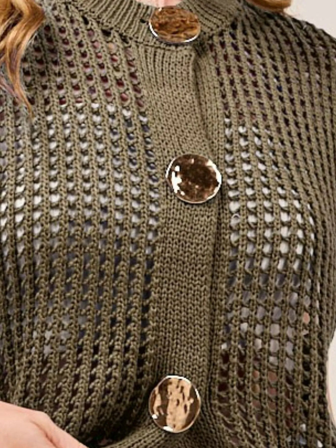 Mocha So Me Big Metal Button Front Openwork Sweater Vest
