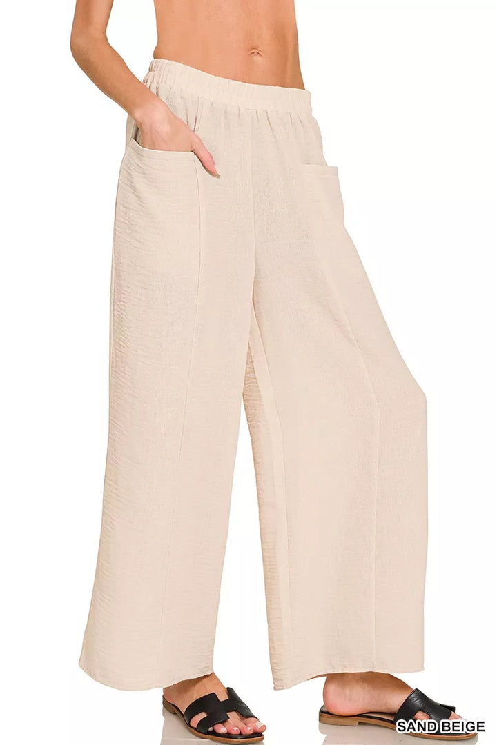 Sand Beige Zenana Woven Airflow Elastic Waistband Pants 6