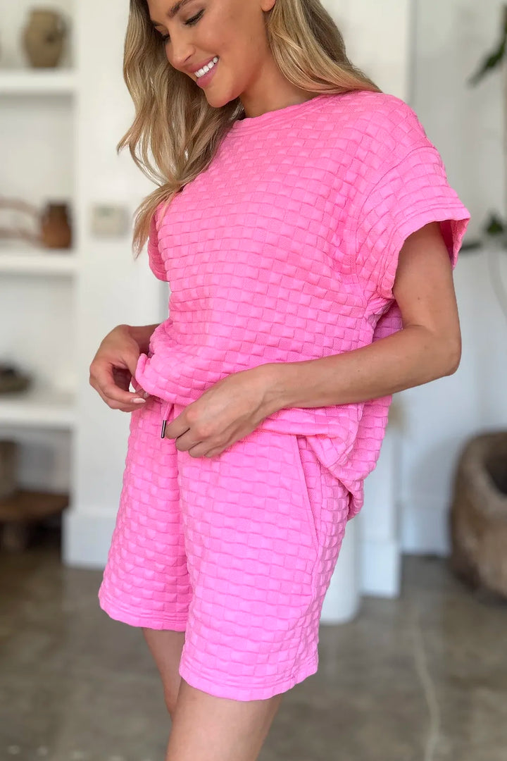 Pink Double Take Full Size Texture T Shirt And Shorts Set