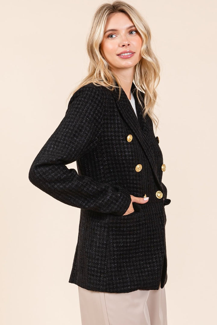 Black Mittoshop Plaid Texture Double Breasted Long Sleeve Blazer