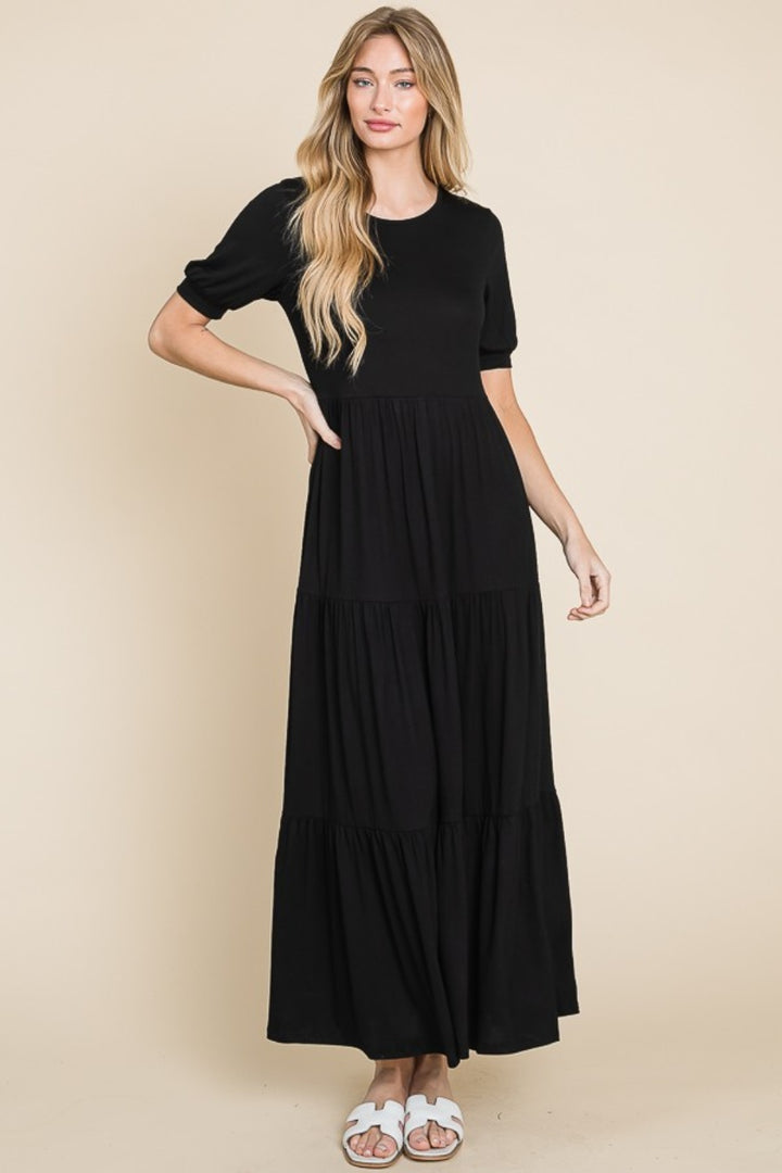 Black Bombom Short Sleeve Tiered Maxi Dress