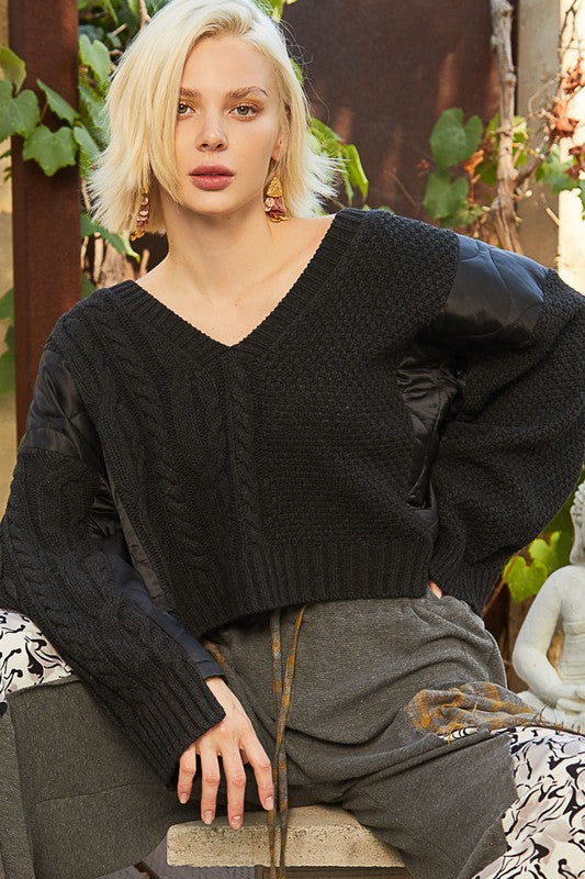 Black Pol Cable Knit Quilting Patch V Neck Sweater