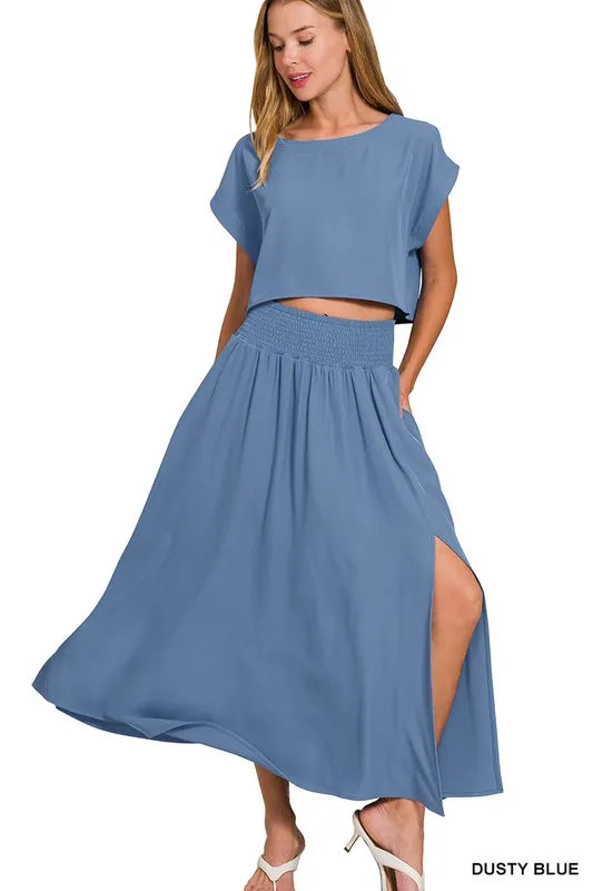 Dusty Blue Zenana Woven Crinkle Gauze Crop Tee And Skirt Set 3