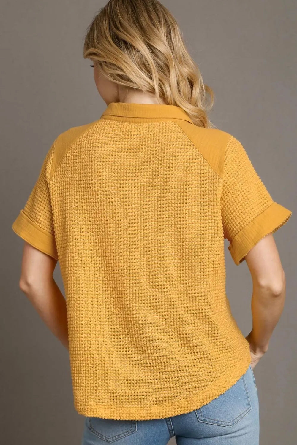 Yellow Umgee Full Size Waffle Knit Short Sleeve Button Down Shirt Plus Size