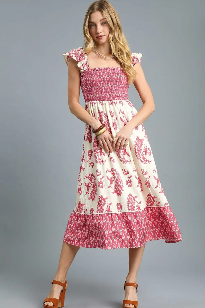 Deep Rose Umgee Printed Smocked Midi Dress With Ruffle Details