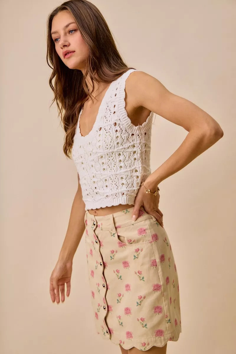 So Me Floral Rose Print Cotton Twill Scallop Mini Skirt