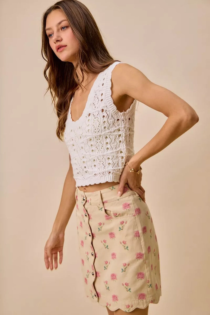 So Me Floral Rose Print Cotton Twill Scallop Mini Skirt
