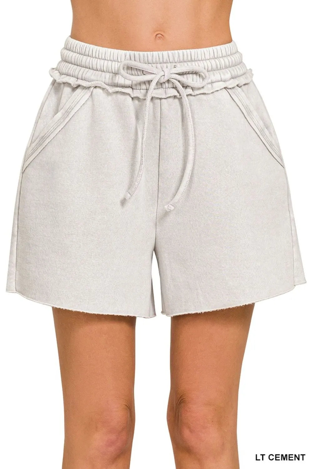 Lt Cement Zenana Acid Wash Fleece Drawstring Shorts With Pockets