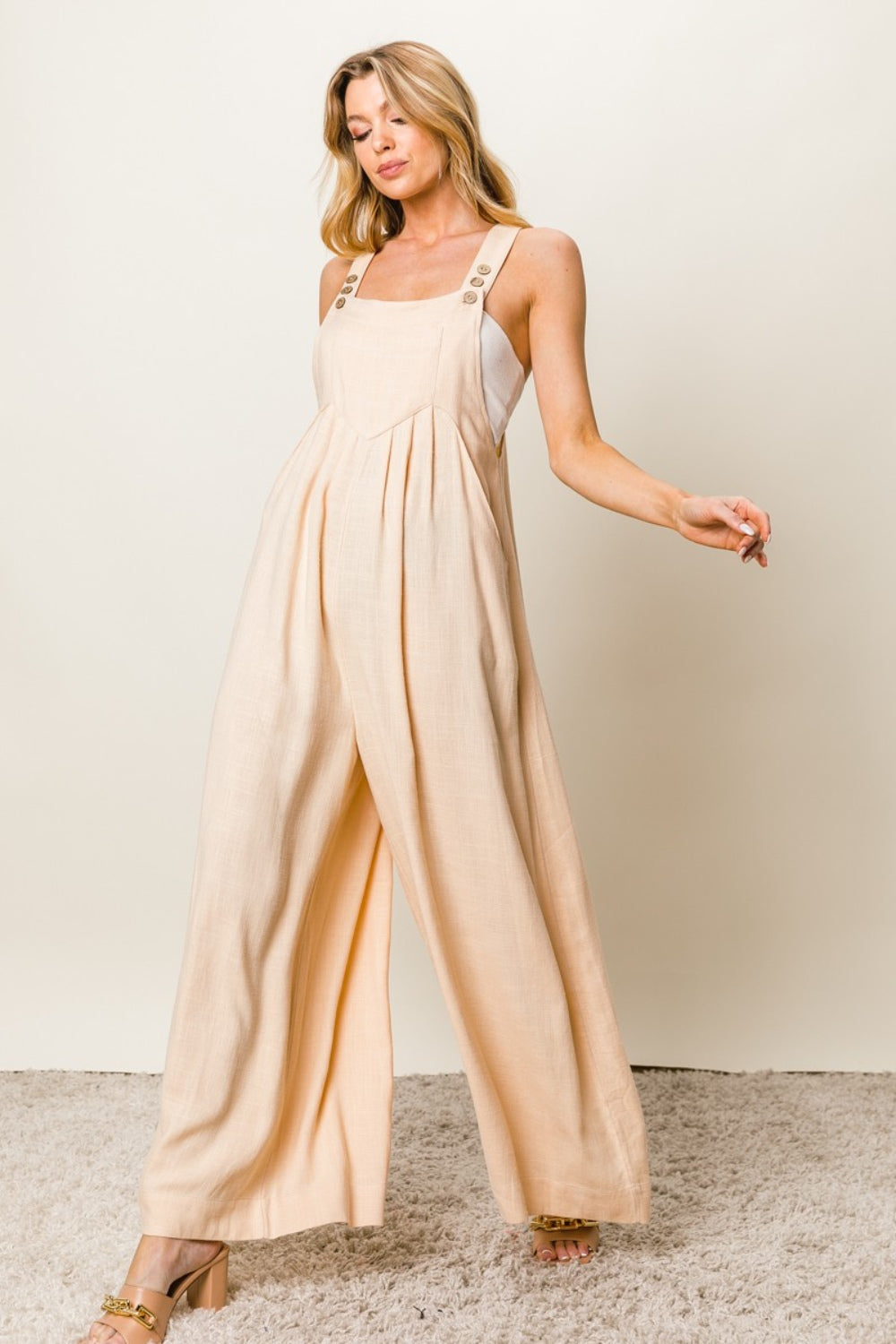 Oatmeal Bibi Texture Sleeveless Wide Leg Jumpsuit