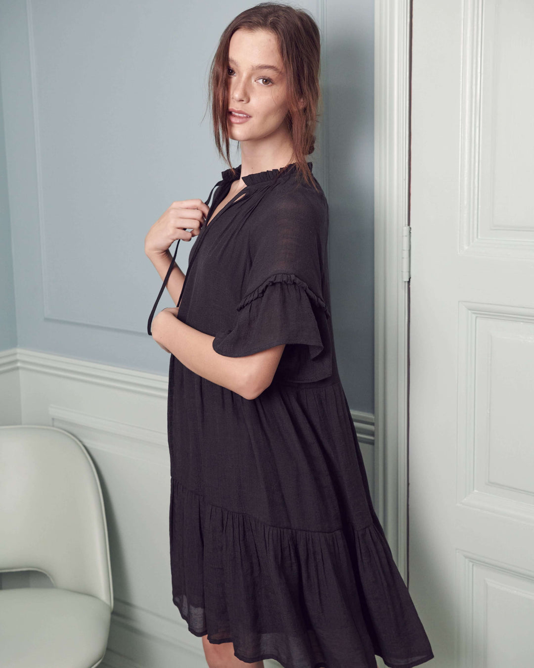 Ruffled Neck Tiered Mini Dress Jbj1054A